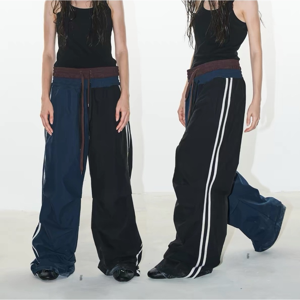 Two-Tone Navy & Black Wide-Leg Joggers with Drawcord Waist - Picture 2 of 2